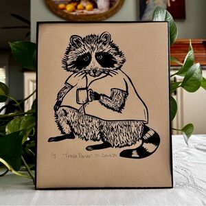 Hand Crafted Lino Cut Art  8” x 10” “Wanna Talk Trash” Raccoon  limited edition